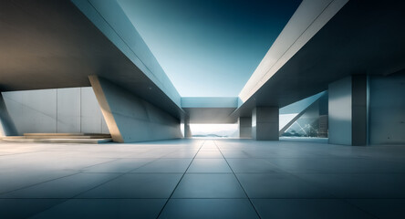 Abstract modern architecture featuring concrete pillars and geometric forms. Open space and minimalist design leads to a bright sky.