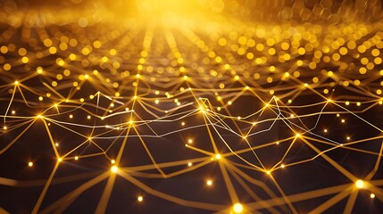 Abstract golden light background with glowing particles in a digital network for technology and design concepts