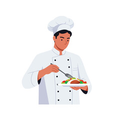 Chef presenting a delicious meal in flat vector art style with vibrant colors and simple shapes vector art