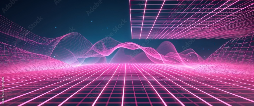 Poster pink mesh grid glowing light rays on cyan dark background motion and energy concept modern and futur