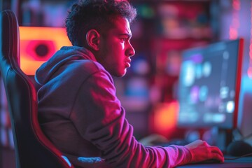 Obraz premium A focused young South Asian man intently gaming in a colorful room illuminated by LED lights.