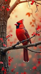 Vibrant red cardinal perched on branch with autumn leaves in sunlight
