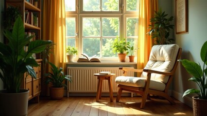 Sunlight streams through window illuminating cozy reading nook with armchair, houseplants, and bookshelf