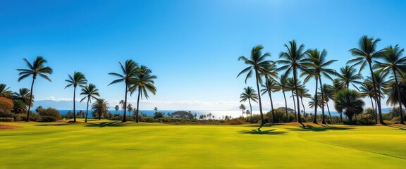 Fototapeta premium Sun-drenched fairway, palm trees framing distant horizon, summer, sunlight
