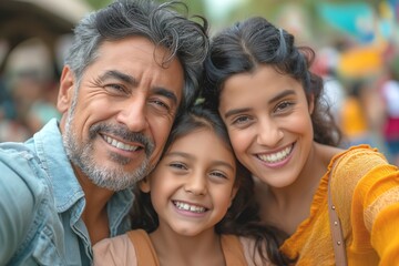 Fototapeta premium A happy mixed-ethnicity family poses for a selfie, sharing smiles and joy at a colorful outdoor festival.