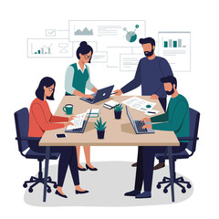Team collaboration in a modern office setting with detailed vector illustration