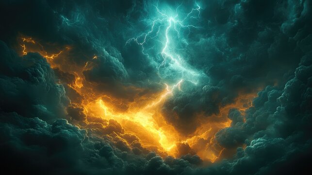 Stormy clouds with lightning, dramatic sky, powerful energy, background for action, possible use for movie poster - Powered by Adobe