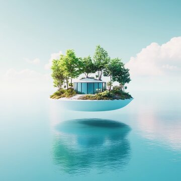 Floating island with a futuristic self-sustaining ecosystem, eco-friendly sci-fi concept