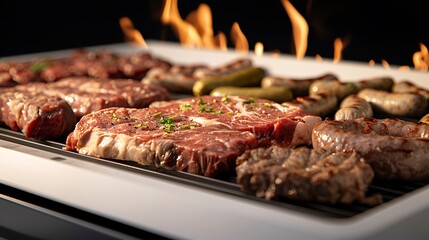 Grilled Meat Selection with Juicy Steaks, Sausages, and Pickles on a Barbecue Grill Surrounded by Flames