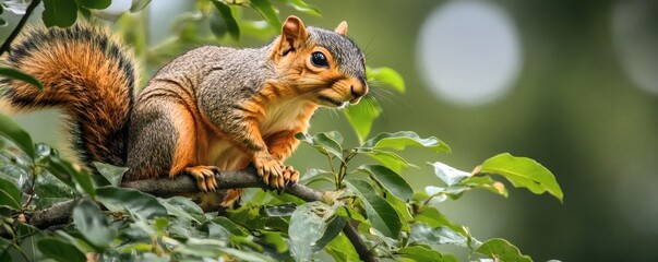 Fototapeta premium A fox squirrel perches on a branch of a leafy tree looking ahead