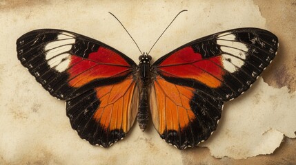 Magnificent Red and Black Butterfly on Antique Paper