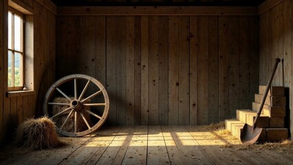 Fototapeta premium Rustic wooden interior scene featuring a weathered wagon wheel, hay bales, and a shovel leaning against stacked bricks, bathed in warm sunlight streaming through a window.