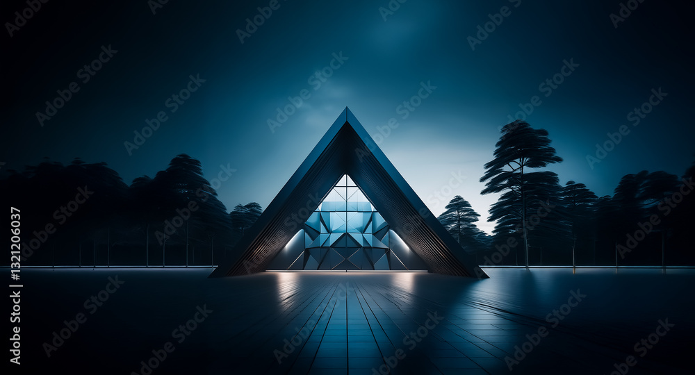 Aufkleber A futuristic triangular structure glows at night, reflecting light on the ground. Trees surround this modern architectural form in a serene, mysterious setting.