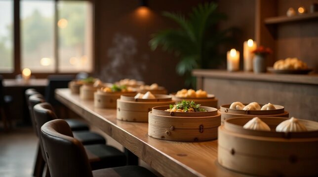 Aromatic Steamed Delights A Culinary Showcase of Perfectly Prepared Dim Sum on Wooden Table in Warmly Lit Restaurant Setting