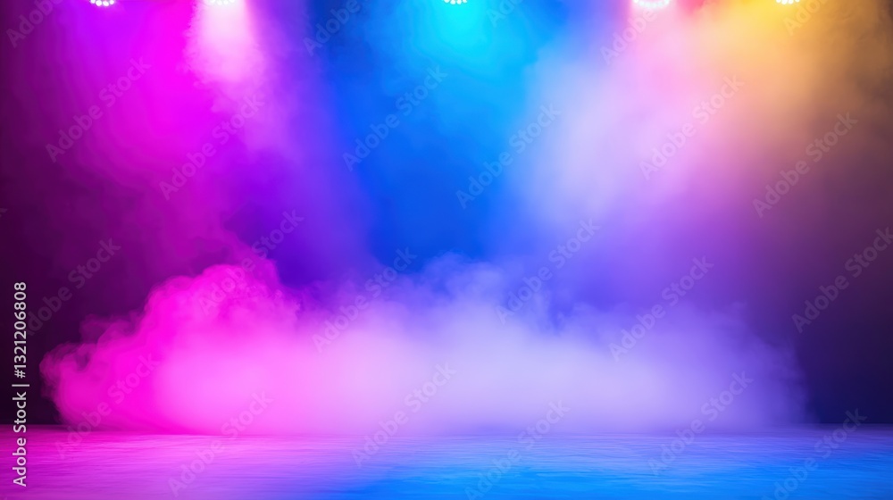 Poster a vibrant stage scene illuminated by colorful lights and enveloped in a soft fog, creating an enchan