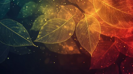 Vibrant autumn leaves with glowing edges, set against a dark background filled with soft bokeh lights