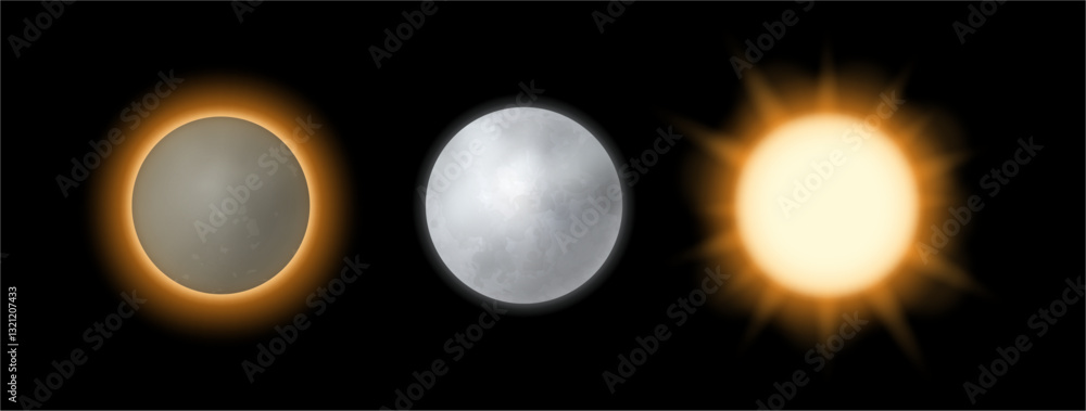 Aufkleber Eclipse isolated set. Vector in realistic style, weather forecast and meteorological phenomena. Sun and moon shade, magical condition. Meteorology application widgets or user interface icons