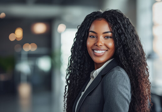 Mujer joven de unos 30 a&ntilde;os, afroamericana, de pelo largo rizado, sonriendo acamara con traje oscuro con fondo desenfocado de oficina