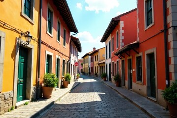 Fototapeta premium Historic cobblestone street, charming buildings, picture, europe