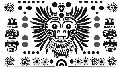 Aztec Mayan Indigenous Culture Design Black and White Tribal Mask Graphic Illustration