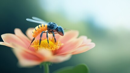 Naklejka premium A robotic bee pollinating a futuristic hybrid flower, AI-assisted agriculture and biodiversity concept