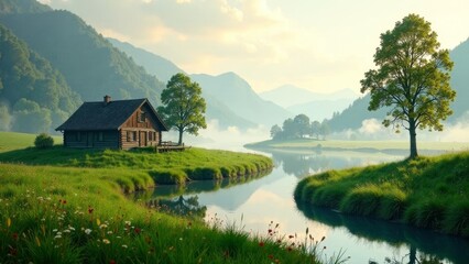 Fototapeta premium Serene Lakeside Cabin nestled in a verdant valley, surrounded by majestic mountains and a tranquil river reflecting the morning mist