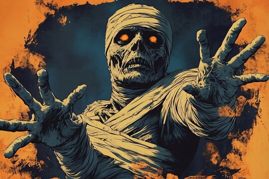 A chilling comic book illustration of a mummy reaching out amidst a sandy backdrop, perfect for Halloween designs, horror events, or spooky-themed promotions.