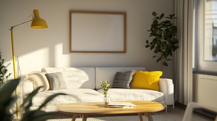Modern Living Room Interior with White Sofa and Yellow Accents