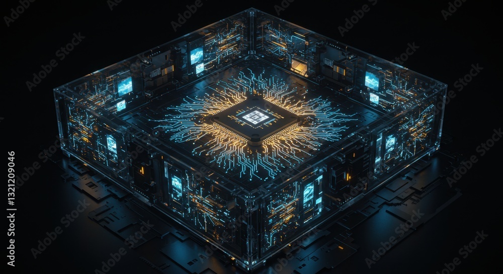 Poster futuristic transparent cpu: a glimmering microchip architecture in a glass cube