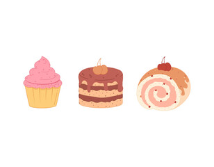 A colorful illustration of three sweet desserts: a cupcake with pink frosting, a chocolate cake, and a roll with icing and cherries. Perfect for menus, packaging, design, and culinary projects.

