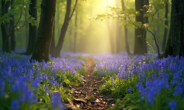 Ancient forest floor awakening with bluebells stretching toward horizon