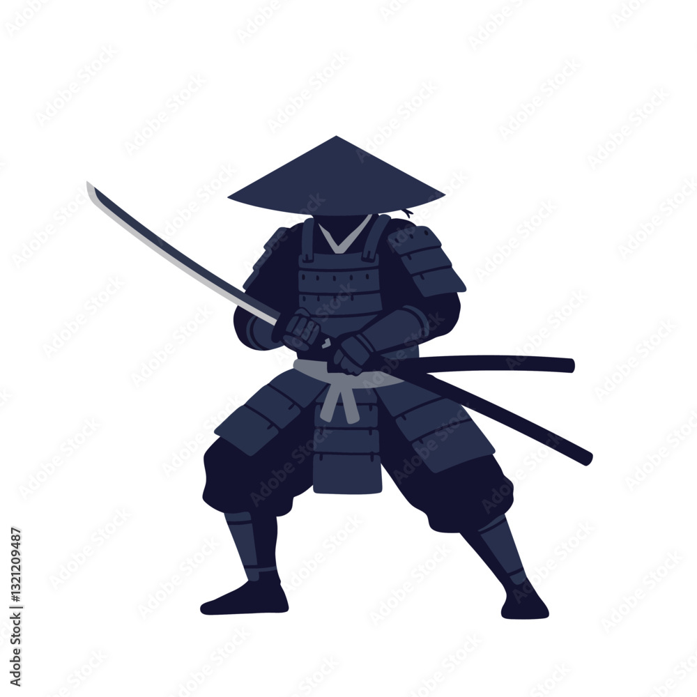Poster samurai warrior in dynamic pose with minimal flat design vector art