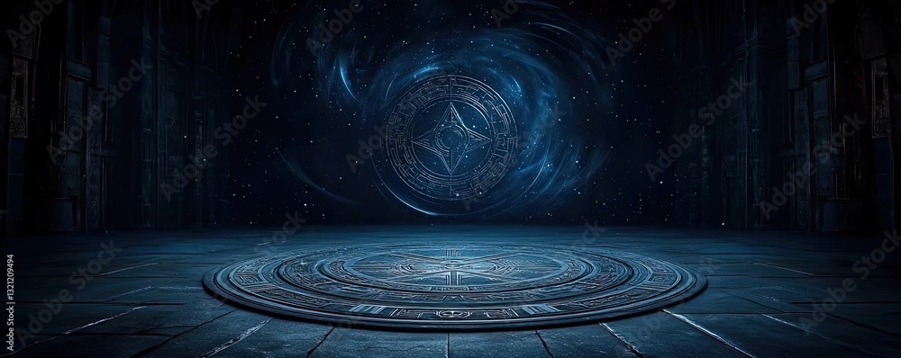 Poster dark sky idea. a surreal digital scene featuring a mystical blue vortex with intricate patterns.