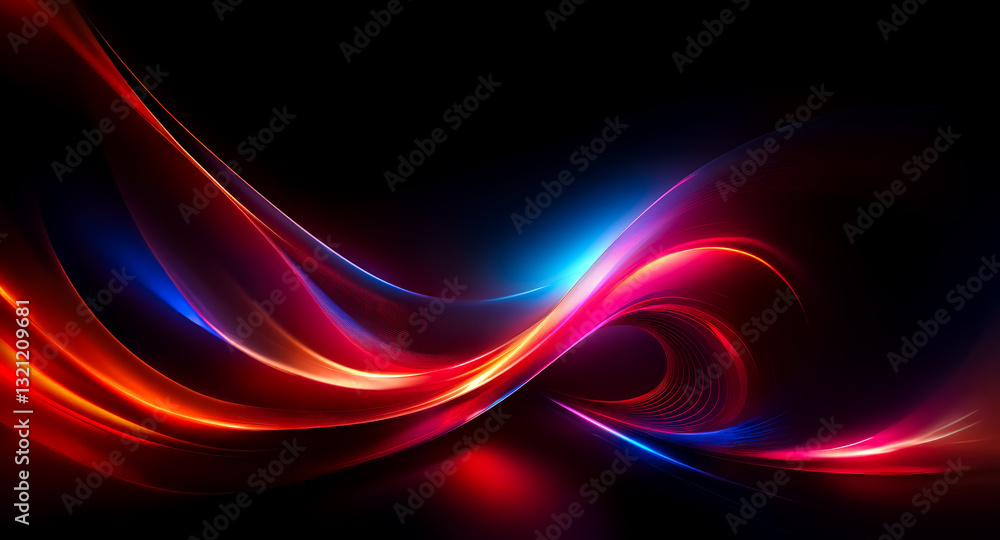 Leinwandbilder Vibrant, colorful waves of light flow across a dark backdrop, creating a dynamic abstract design with shades of red, orange, blue, and purple.  A smooth, digital, graphic style.