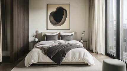 Generative AI, Minimalist Contemporary Bedroom with Abstract Art and Cozy Textures