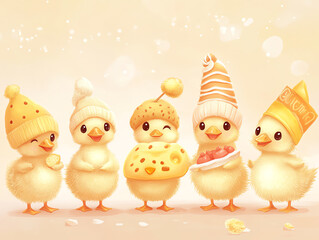 Five adorable chicks in cute hats enjoying a festive celebration together.
