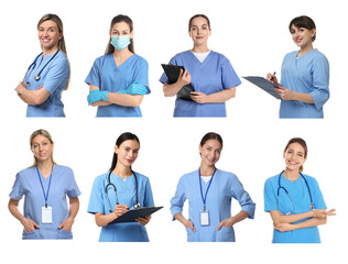 Medical nurses in uniforms on white background, set
