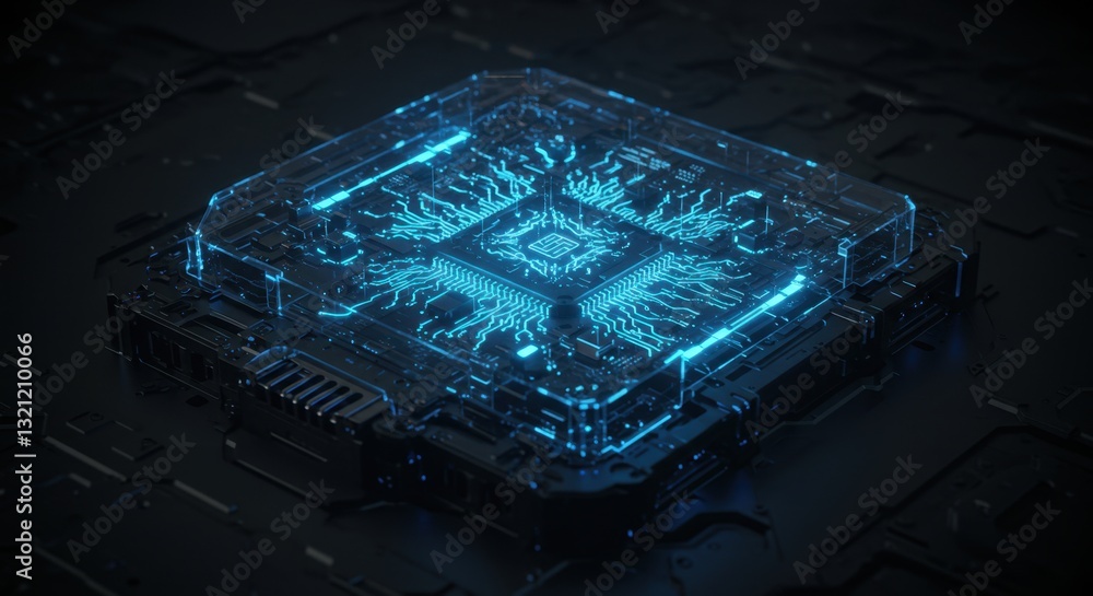 Poster futuristic transparent microchip technology: a glowing blue circuit board in dark setting