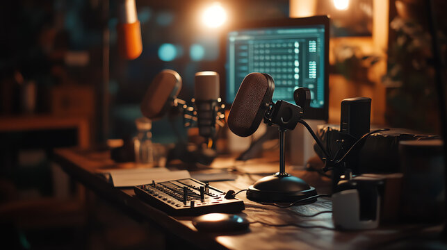 Modern workspace featuring microphones and computer for digital content creation.