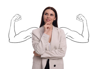 Business woman with drawing of strong arms behind her on white background