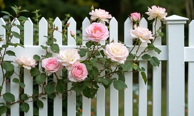 Clean white picket fence with climbing spring roses, perfect symmetry
