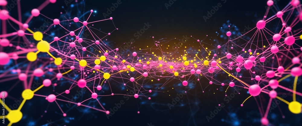 Poster pink neural network neuron connection yellow dark background motion and energy concept modern and fu