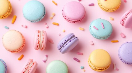 Obraz premium A close-up of pastel macarons scattered across a soft, colorful background, creating a delicate and elegant composition of sweet treats.