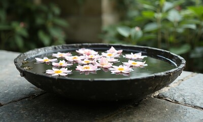Minimalist stone water basin with floating spring petals