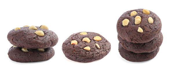 Yummy chocolate cookies with hazelnuts isolated on white, set