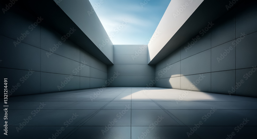 Aufkleber Modern minimalist architecture showcasing a concrete corridor with an open sky view. Sunlight and shadow play on the geometric walls creating depth in the empty space.