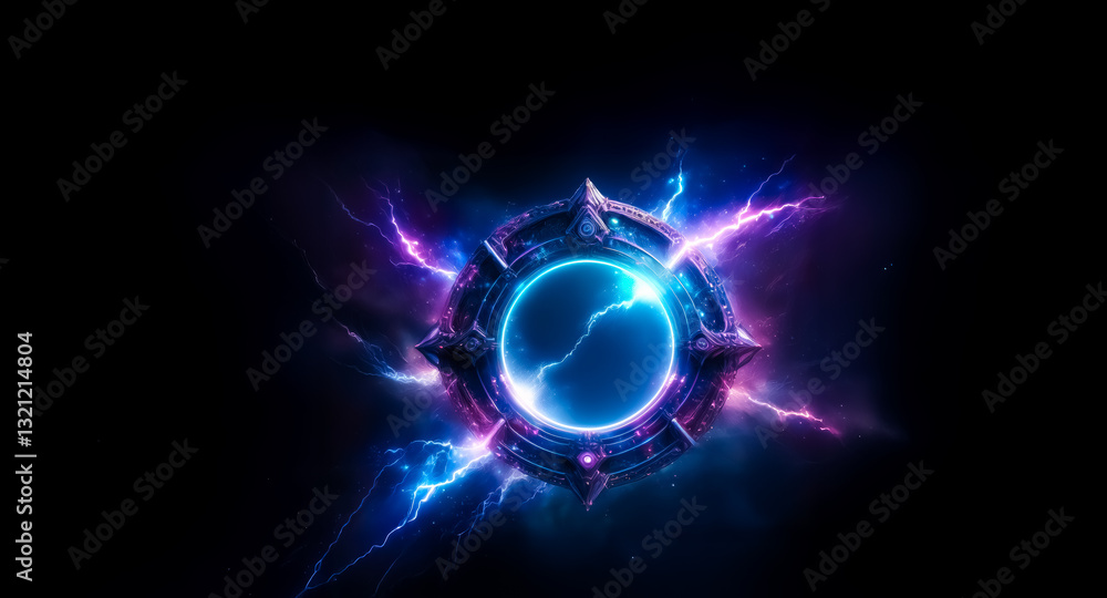 Aufkleber Glowing circular object with sharp edges radiates blue and purple lightning against a stark black backdrop, creating a powerful, magical effect.