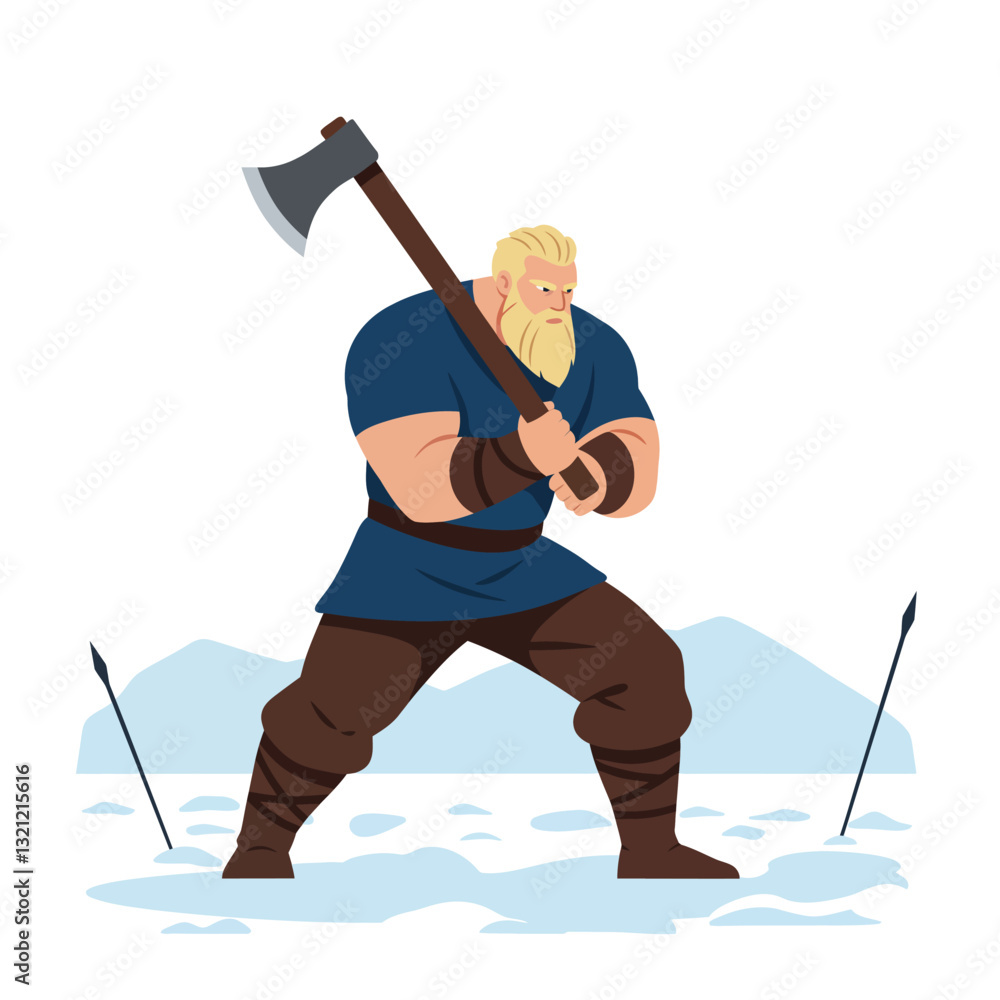 Poster strong warrior character with axe in flat vector art style