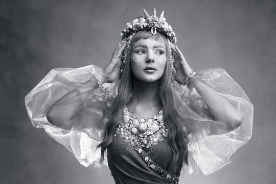 Ethereal mermaid portrait in monochrome