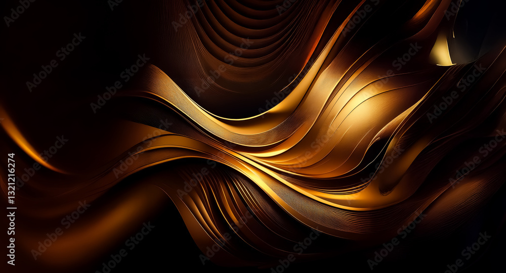 Poster Abstract golden waves flow smoothly against a dark backdrop creating a luxurious and elegant feel. The image showcases fluid curves and subtle gradients.